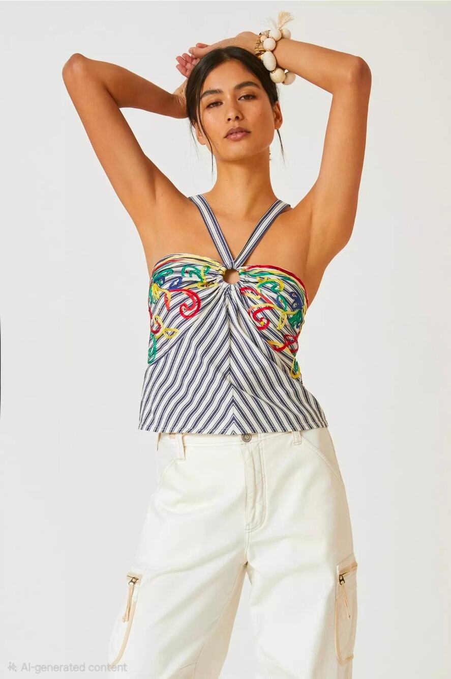 Tiny x Anthropologie Avril Embroidered Striped Knit Halter Top. Size M Ret. $110